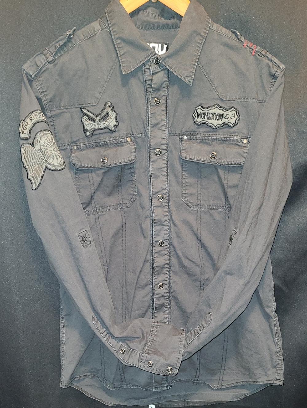 FOX CREATED TO DESTROY Button-Up BIKER Patch Shirt in Faded Charcoal M